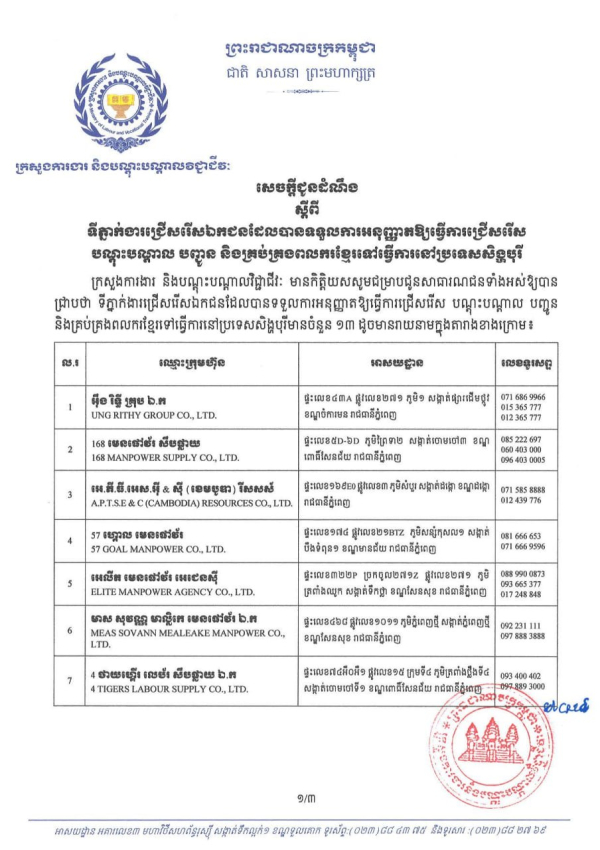 សេចក្តីជូនដំណឹង​ ស្តីពីទីភ្នាក់ងារជ្រើសរើសឯកជនដែលបានទទួលការអនុញ្ញាតឱ្យធ្វើការជ្រើសរើស បណ្តុះបណ្តាល​ បញ្ជូន និងគ្រប់គ្រងពលករខ្មែរទៅធ្វើការនៅប្រទេសសិង្ហបុរី
