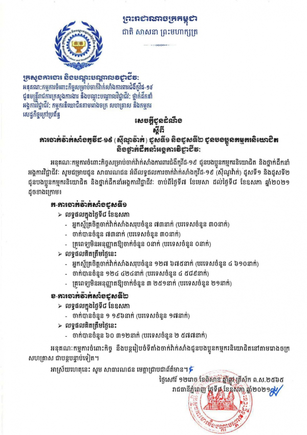 សេចក្តីជូនដំណឹង ស្តីពីការចាក់វ៉ាក់សាំងកូវីដ-១៩ (ស៊ីណូវ៉ាក់) ដូសទី១ និងដូសទី២ ជូនបងប្អូនកម្មករនិយោជិត និងថ្នាក់ដឹកនាំអង្គការវិជ្ជាជីវៈ (គិតត្រឹមថ្ងៃទី៨ ខែឧសភា ឆ្នាំ២០២១)
