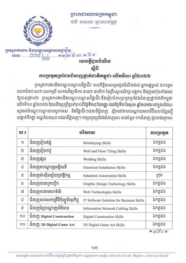 សេចក្តីជូនដំណឹង លេខ១០/២៦ ស្តីពីការប្រកួតប្រជែងជំនាញថ្នាក់ជាតិកម្ពុជា លើកទី១០ ឆ្នាំ២០២៦