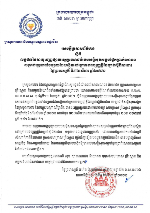 សេចក្តីប្រកាសព័ត៌មាន ស្តីពីលទ្ធផលនៃការចុះផ្សព្វផ្សាយអត្ថប្រយោជន៍របបសន្តិសុខសង្គមផ្នែកប្រាក់សោធន សម្រាប់បុគ្គលទាំងឡាយដែលស្ថិតនៅក្រោមបទប្បញ្ញត្តិនៃច្បាប់ស្តីពីការងារ ថ្ងៃព្រហស្បតិ៍ ទី៤ ខែសីហា ឆ្នាំ២០២២