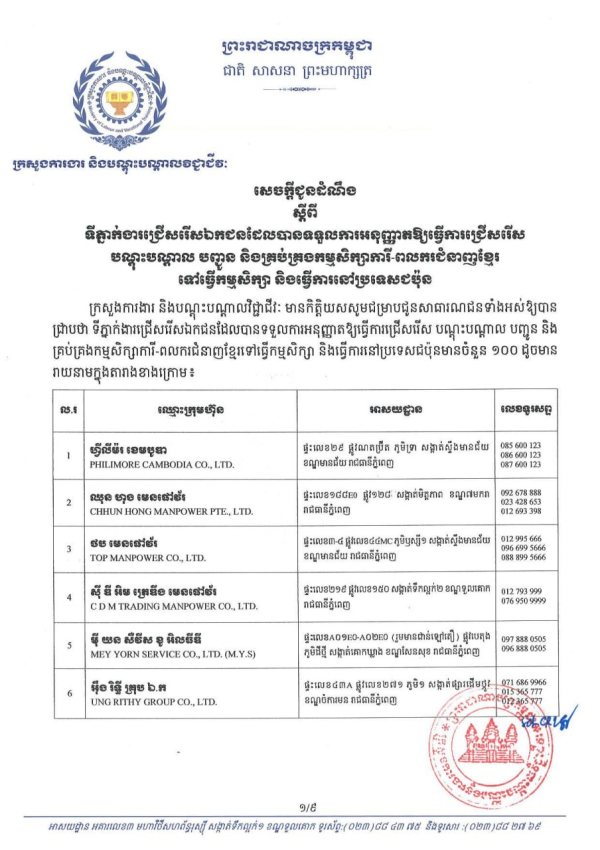 សេចក្តីជូនដំណឹង​ ស្តីពីទីភ្នាក់ងារជ្រើសរើសឯកជនដែលបានទទួលការអនុញ្ញាតឱ្យធ្វើការជ្រើសរើស បណ្តុះបណ្តាល​ បញ្ជូន និងគ្រប់គ្រងកម្មសិក្សាការី-ពលករជំនាញខ្មែរ ទៅធ្វើកម្មសិក្សា និងធ្វើការនៅប្រទសជប៉ុន