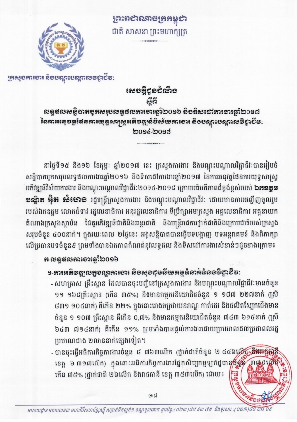 សេចក្ដីជូនដំណឹង ស្ដីពីលទ្ធផលសន្និបាតបូកសរុបលទ្ធផលការងារឆ្នាំ២០១៦ និងទិសដៅការងារឆ្នាំ២០១៧ នៃការអនុវត្តផែនការយុទ្ធសាស្ត្រអភិវឌ្ឍន៍វិស័យការងារ និងបណ្ដុះបណ្ដាលវិជ្ជាជីវៈ ២០១៤-២០១៨
