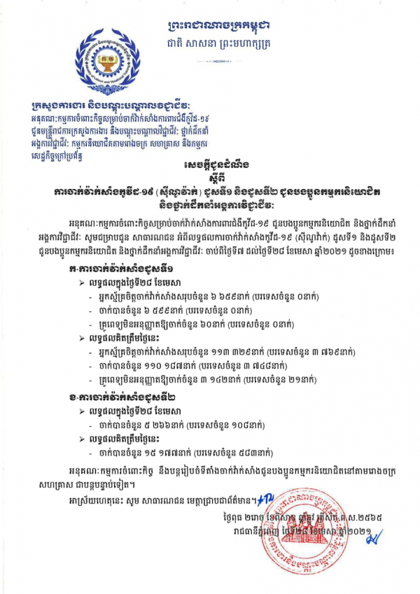 សេចក្តីជូនដំណឹង ស្តីពីការចាក់វ៉ាក់សាំងកូវីដ-១៩ (ស៊ីណូវ៉ាក់) ដូសទី២ ជូនបងប្អូនកម្មករនិយោជិត និងថ្នាក់ដឹកនាំអង្គការវិជ្ជាជីវៈ