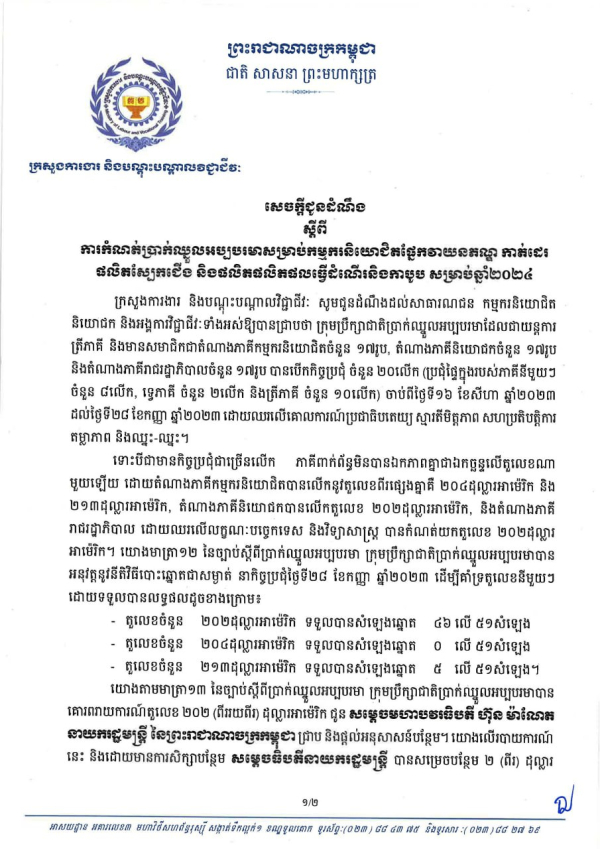 សេចក្តីជូនដំណឹង ស្ដីពី ការកំណត់ប្រាក់ឈ្នួលអប្បបរមាសម្រាប់កម្មករនិយោជិតផ្នែកវាយនភណ្ឌ កាត់ដេរ ផលិតស្បែកជើង និងផលិតផលិតផលធ្វើដំណើរនិងកាបូប សម្រាប់ឆ្នាំ២០២៤
