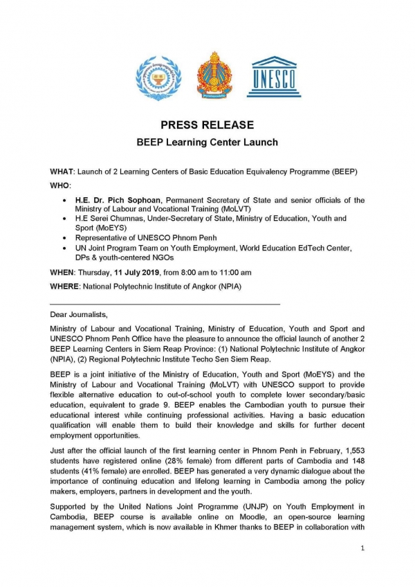 Press release BEEP Learning Center Launch
