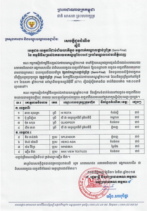 សេចក្ដីជូនដំណឹង ស្ដីពីបេក្ខជន-បេក្ខនារីជាប់ជ័យលាភីក្នុង វគ្គពាក់កណ្ដាលផ្ដាច់ព្រ័ត្រ (Semi-Final) នៃកម្មវិធីសម្រស់ឯកវាយនភណ្ឌឆ្នាំ២០១៧
