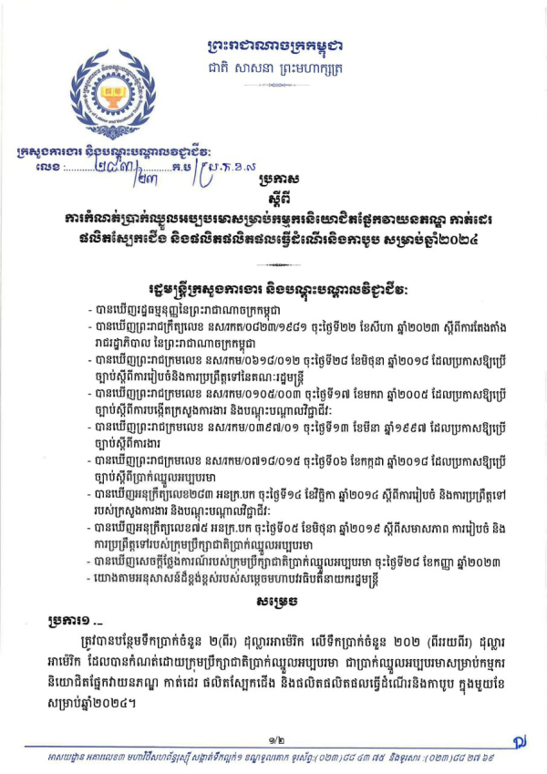 ប្រកាស លេខ២៨៣ ស្តីពី ការកំណត់ប្រាក់ឈ្នួលអប្បបរមាសម្រាប់កម្មករនិយោជិតផ្នែកវាយនភណ្ឌ កាត់ដេរ ផលិតស្បែកជើង និងផលិតផលិតផលធ្វើដំណើរនិងកាបូប សម្រាប់ឆ្នាំ២០២៤
