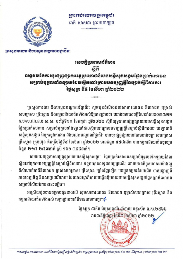 សេចក្តីប្រកាសព័ត៌មាន ស្តីពីលទ្ធផលនៃការចុះផ្សព្វផ្សាយអត្ថប្រយោជន៍របបសន្តិសុខសង្គមផ្នែកប្រាក់សោធន សម្រាប់បុគ្គលទាំងឡាយដែលស្ថិតនៅក្រោមបទប្បញ្ញត្តិនៃច្បាប់ស្តីពីការងារ ថ្ងៃសុក្រ ទី៥ ខែសីហា ឆ្នាំ២០២២