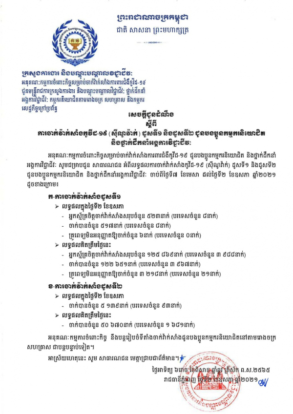 សេចក្តីជូនដំណឹង ស្តីពីការចាក់វ៉ាក់សាំងកូវីដ-១៩ (ស៊ីណូវ៉ាក់) ដូសទី១ និងដូសទី២ ជូនបងប្អូនកម្មករនិយោជិត និងថ្នាក់ដឹកនាំអង្គការវិជ្ជាជីវៈ
