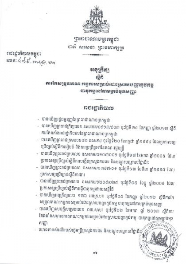អនុ​ក្រឹត្យ​ស្ដីពី​ការកែ​សម្រួល​គណៈ​កម្មការ​សម្រាប់​ដោះ​ស្រាយ​បញ្ហា​កូដ​កម្ម បាតុកម្ម​នៅ​តាម​មុខ​សញ្ញា