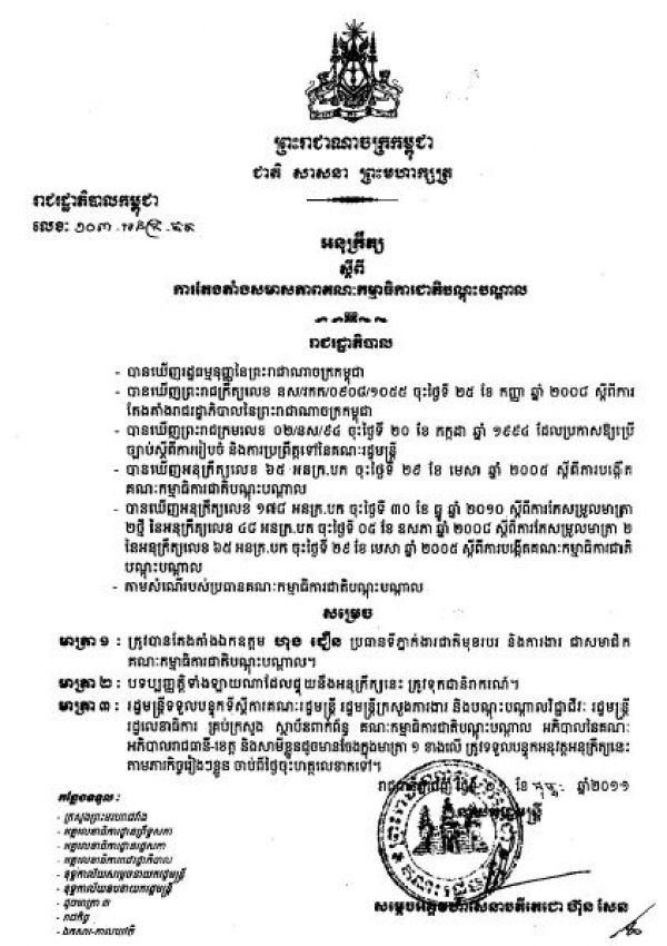 អនុក្រឹត្យ​ស្ដីពី​ការ​តែងតាំង​​សមាស​ភាព​គណៈកម្មធិ​ការជាតិ​បណ្ដុះបណ្ដាល