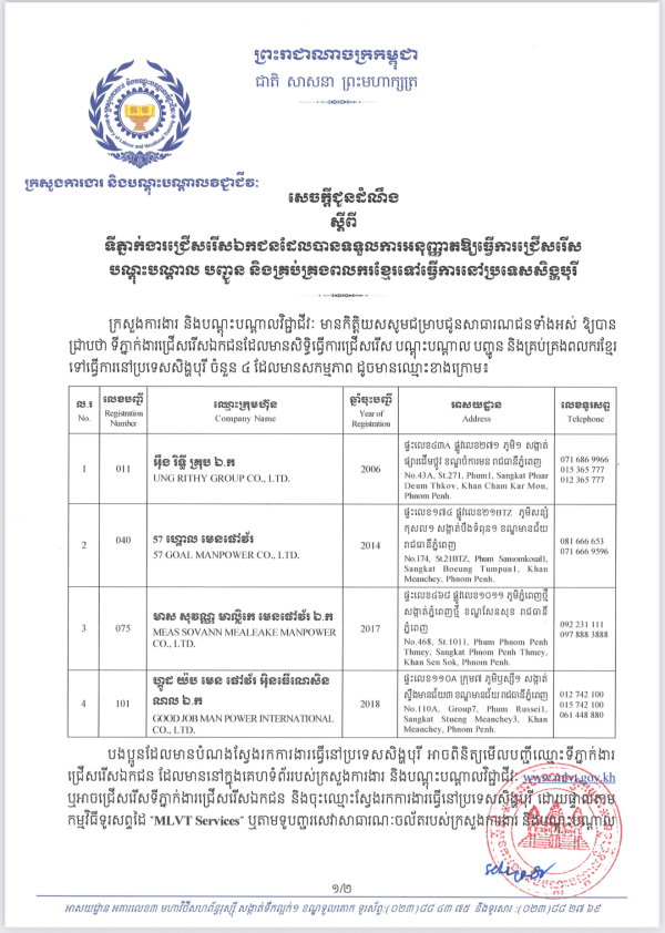 សេចក្តីជូនដំណឹង ស្តីពី ទីភ្នាក់ងារជ្រើសរើសឯកជនដែលបានទទួលការអនុញ្ញាតឱ្យធ្វើការជ្រើសរើស បណ្តុះបណ្តាល បញ្ជូន និងគ្រប់គ្រងពលករខ្មែរទៅធ្វើការនៅប្រទេសសិង្ហបុរី