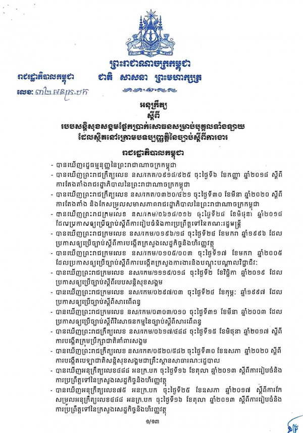 អនុក្រឹត្យ លេខ៣២/២១ ស្ដីពីរបបសន្តិសុខសង្គមផ្នែកប្រាក់សោធនសម្រាប់បុគ្គលទាំងឡាយ ដែលស្ថិតក្រោមបទប្បញ្ញត្តិនៃច្បាប់ស្តីពីការងារ